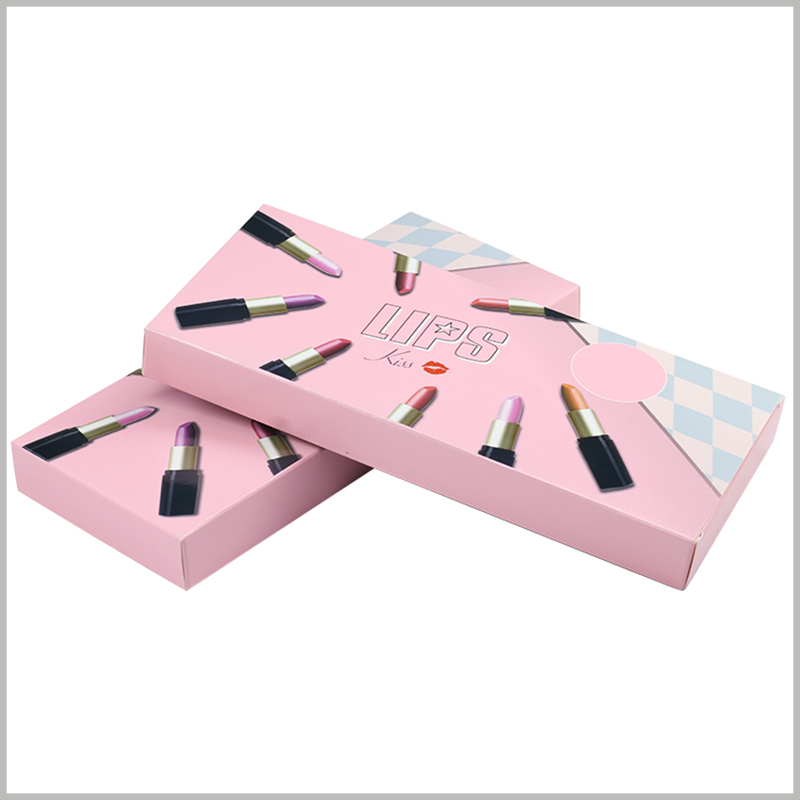 Pink Foldable packaging for 8 sticks of lipstick. 8 lipsticks of different styles are printed on the front of the product packaging, which is the most intuitive way to promote the product.