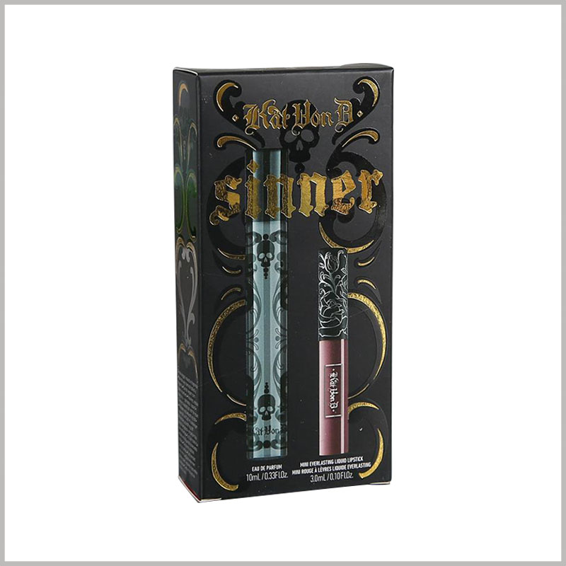 Printed black packaging box for 10ml and 3ml lip gloss. The package is provided with two windows of different sizes, you can see the lip gloss style inside the package.