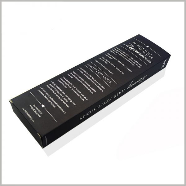 Printed packaging boxes for hair extensions. Customized packaging has detailed text printing, which can play a role in explaining the product.