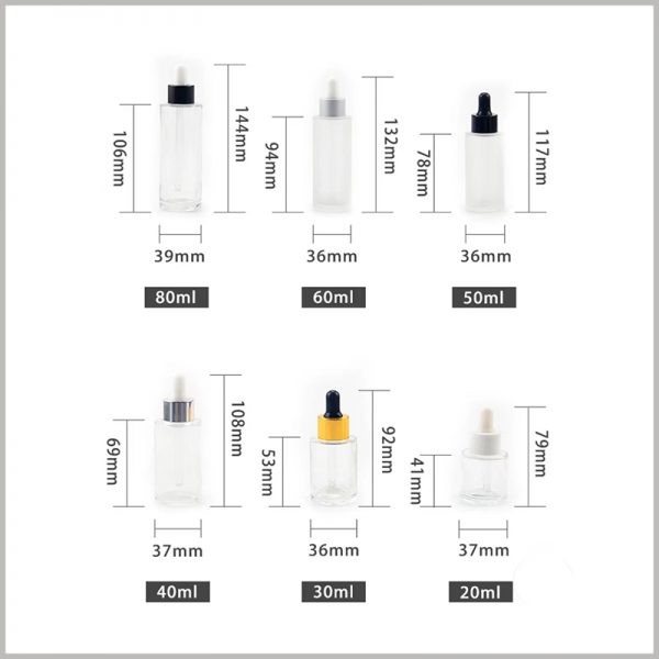 Round flat shoulder clear glass dropper bottles size, please refer to the parameters of the picture for the diameter and height of different types of bottles.