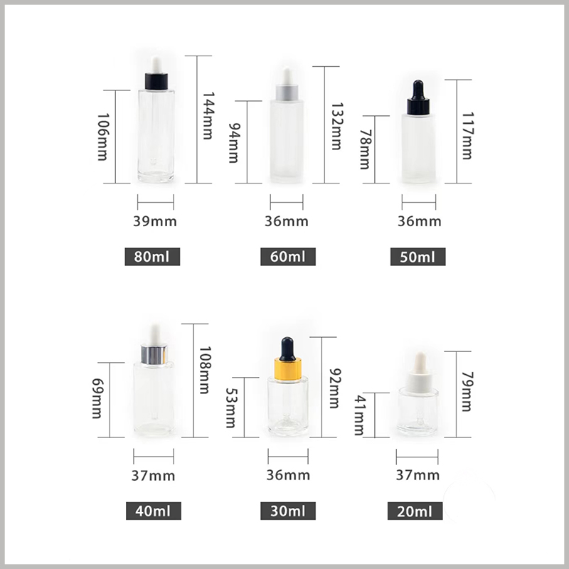 Round flat shoulder clear glass dropper bottles size, please refer to the parameters of the picture for the diameter and height of different types of bottles.