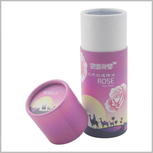 Small paper tube boxes for 30ml rose essential oil packaging, The specific printing content on the paper tube packaging reflects the characteristics and differences of essential oils