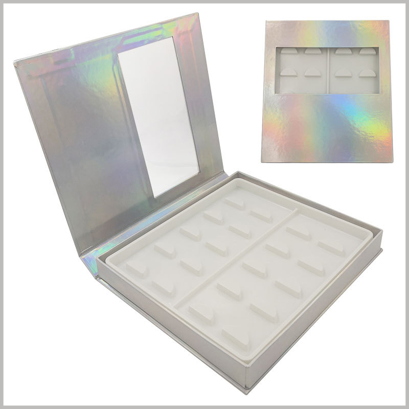 White False eyeslash packaging box with window for pack of 10 pairs. Laser paper is used as a laminated paper for false eyelash packaging. The packaging will show different gloss from different angles, which is very attractive.