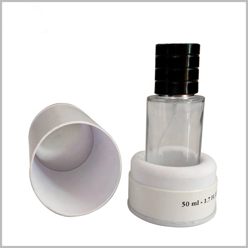 White paper tube for 50ml perfume packaging. The white natural flannel is used as the inner base of the paper tube, which can firmly fix the perfume bottle inside the package.