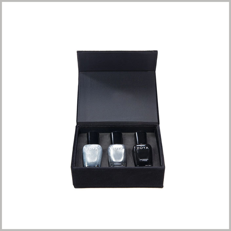 Wholesale Black cardboard boxes for 3 bottles of nail polish packaging. In order to improve the sturdiness of customized makeup boxes, 1200gsm gray board paper can be used as one of the main raw materials.