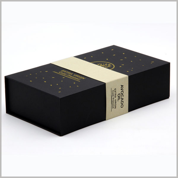 avocado essential oil packaging with logo. High-grade black cardboard boxes packaging with a sleeve, more confidence can be printed and then inside the sleeve.