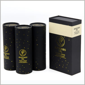 black cardboard boxes for avocado essential oil packaging, The pattern, text and brand logo of the packaging are all printed with bronzing, which adds value to the packaging.