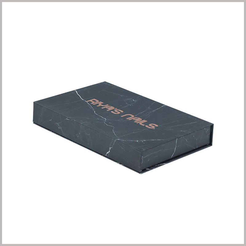 black cardboard cosmetic packaging boxes wholesale. The customized box adopts a flat structure design, and the brand name is printed on the front of the box for brand building.