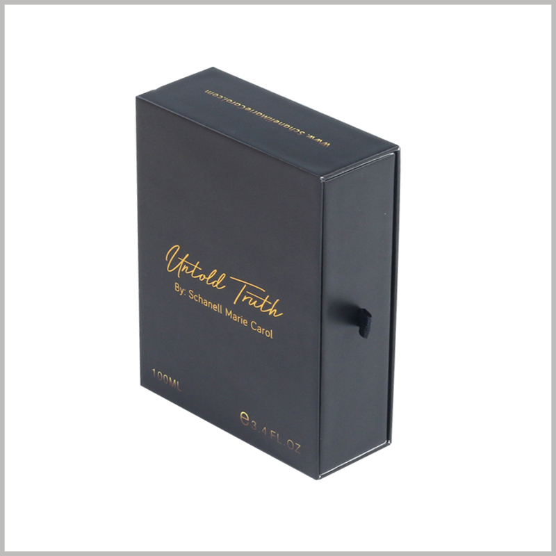 black cardboard drawer boxes for 3.4Oz perfumes packaging. The front packaging design is simple, just printing the necessary product information such as brand name and product capacity.