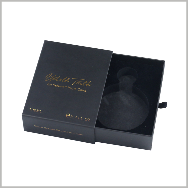 black cardboard drawer boxes for perfumes packaging. The EVA surface inside the packaging uses flocked cloth as decoration, which effectively improves the visual experience inside the packaging.