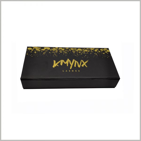 black cardboard false lashes packaging with bronzing printing.Gold fine-grain dot lace patterns and fonts make packaging more luxurious and high-end.