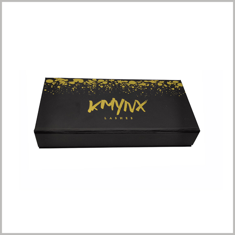 black cardboard false lashes packaging with bronzing printing.Gold fine-grain dot lace patterns and fonts make packaging more luxurious and high-end.