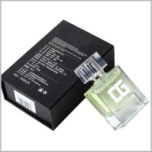 black cardboard gift boxes for 50ml perfume bottle packaging. The fashion packaging design is used for perfume. The detailed perfume description is printed on the back of the black card box, and customers will be able to learn more product information on their own.