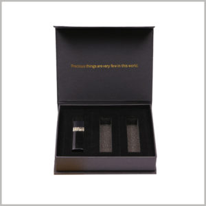black cardboard gift boxes for three of lipstick set.Flocked EVA inside the black boxes is used to protect the lip gloss, and 3 lip glosses can be placed separately.