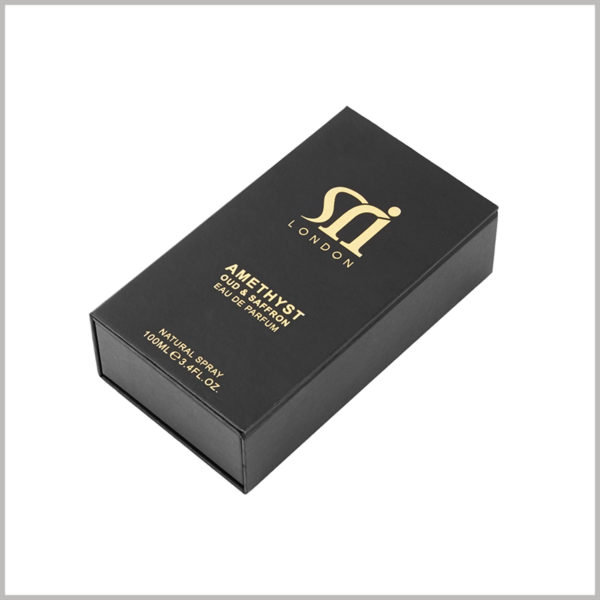 black cardboard packaging for 100ml perfume spray boxes.The special printing process of black card hot stamping and black card hot stamping is used inside and outside the box to design the brand logo and perfume introduction.