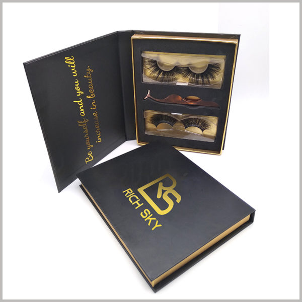 Custom black cardboard packaging for eyelashes gift set,The internal EVA of the black cardboard gift boxes can place the products in an orderly manner.