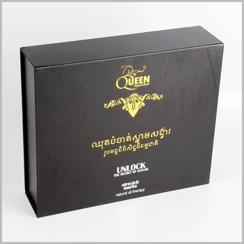black cardboard skin care essential oil packaging boxes set.Product information, brand information, etc. are displayed using bronzing printing and emboss printing to show consumers important information.