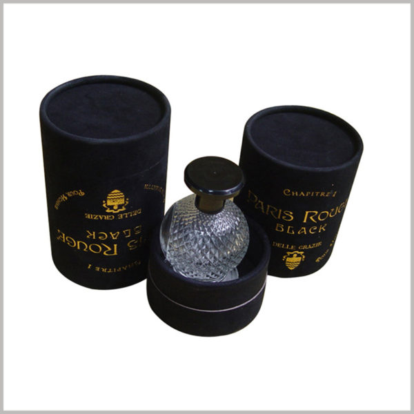 custom black cardboard tube cosmetic packaging for perfume boxes.The black paper tube packaging uses bronzing printing to make custom packaging unique and to show customers the characteristics of perfume inside the packaging.