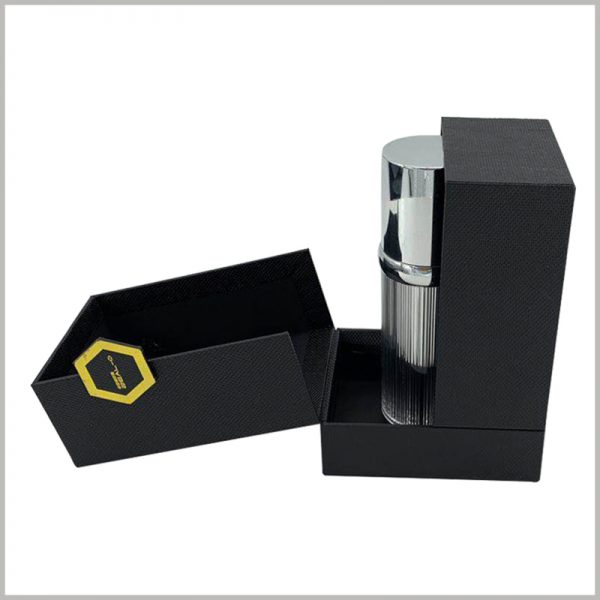 black creative cardboard boxes for perfume packaging.This cardboard perfume boxes has a unique packaging structure, which can be opened unilaterally or bilaterally, showing a good effect.