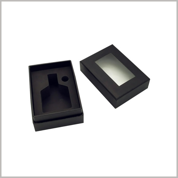 Custom black empty perfume boxes with windows wholesale.This small black box has black EVA inside to hold a perfume glass bottle of a specific shape.