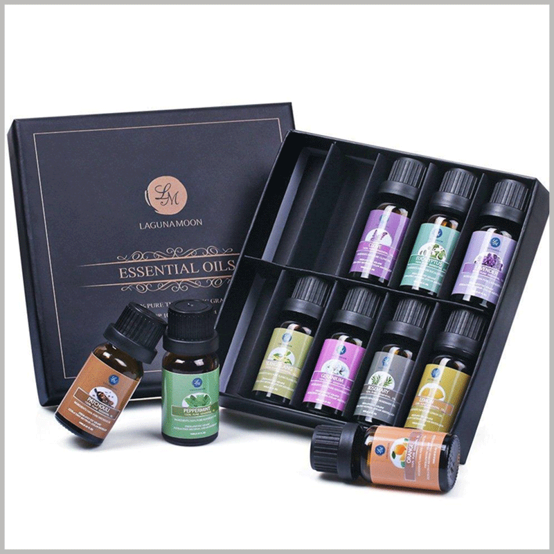 black essential oil packaging boxes for 10 bottles.Foldable black cardboard is used as an insert in the package to divide the internal space into 10 independent small spaces for 10 essential oil bottles.