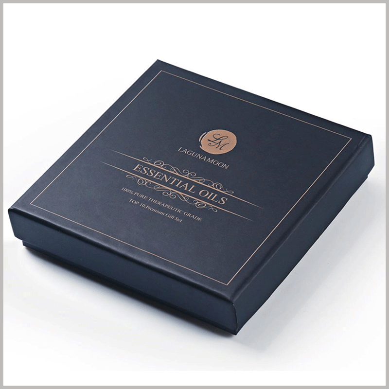 black essential oil packaging boxes with logo.The brand logo, product information and promotional slogan are reflected on the top of the paper cover in the form of bronzing printing, which enhances the attractiveness to customers.