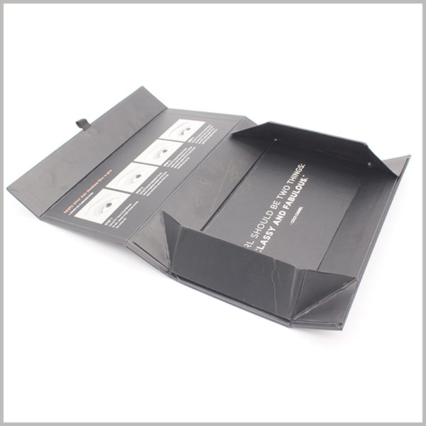 Custom black foldable cardboard packaging for eye brush set boxes. The space occupied by the folded packaging is very small, which can greatly reduce the cost of transporting product packaging.