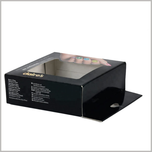 black packaging box with windows. Print detailed product information on the sidebar of the carton, without affecting the overall simplicity of the packaging, and able to explain the product in detail.