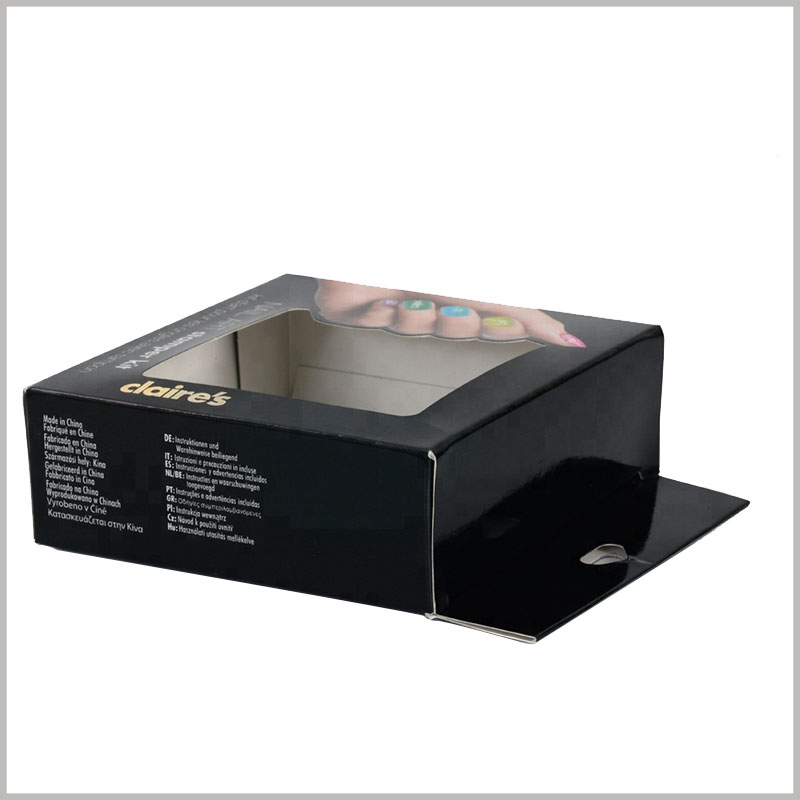 black packaging box with windows. Print detailed product information on the sidebar of the carton, without affecting the overall simplicity of the packaging, and able to explain the product in detail.