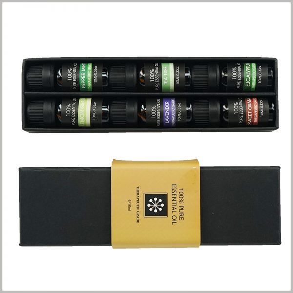 black packaging for essential oil of 6 bottles, the lid of the essential oil bottle is connected to the bottom of the previous bottle to ensure the stability and firmness of the bottle.