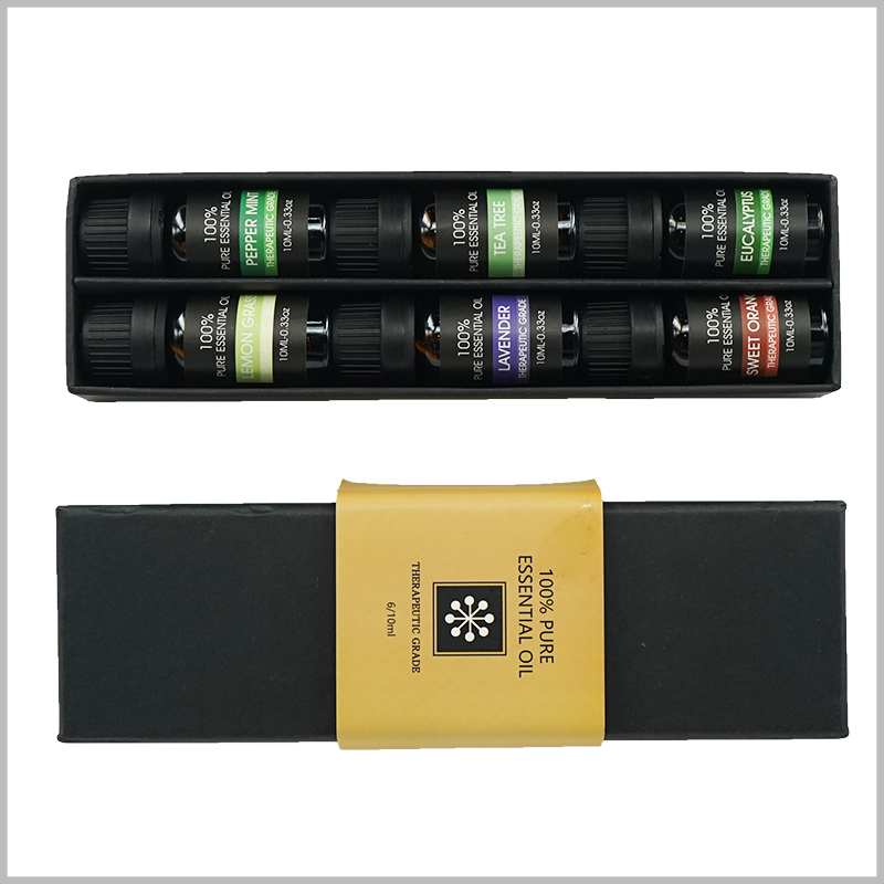 black packaging for essential oil of 6 bottles, the lid of the essential oil bottle is connected to the bottom of the previous bottle to ensure the stability and firmness of the bottle.