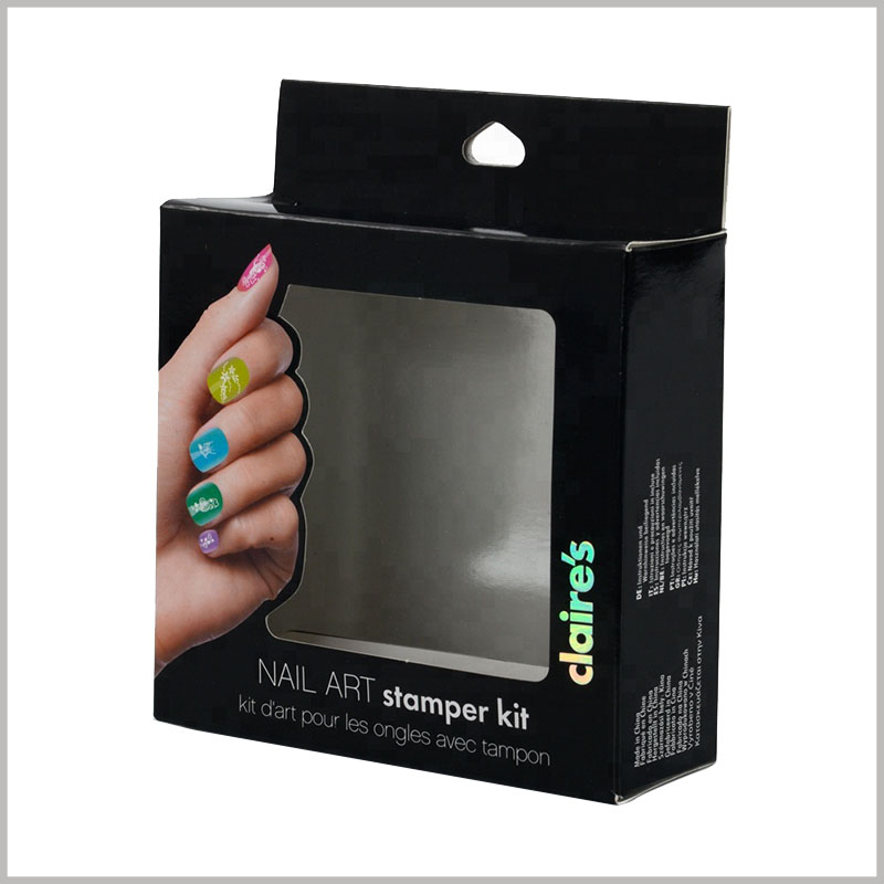 black packaging for nail art stamper kit. On the front of the customized cosmetic packaging, there is a window formed by pvc, you can see the products inside the packaging.