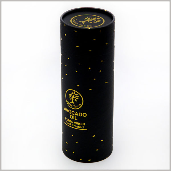 black paper tube for avocado essential oil packaging. This small-diameter black paper tube package has a unique package design and printed content, which greatly helps to increase the value of the product.
