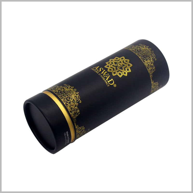 Custom black perfume packaging boxes with bronzing.This is a simple design of black paper tube packaging boxes