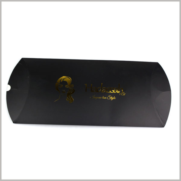 Custom foldable black pillow boxes for hair extension packaging.Bronzing printing is only available for hair extension packaging, which improves the aesthetics of wig product packaging.