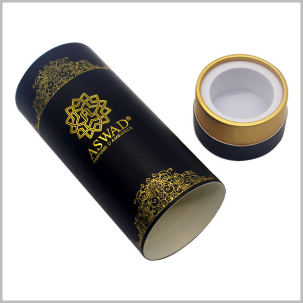 Custom black round boxes for perfume packaging.With the EVA insert inside the paper tube, the perfume glass bottle and the inner wall of the paper tube can be kept at a certain distance.