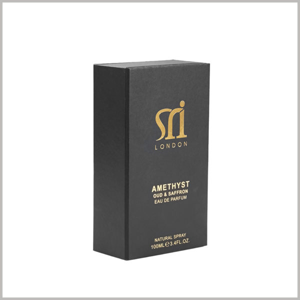 black small cardboard packaging for 100ml perfume spray boxes. On the front of the perfume packaging, the bronzing printed logo, brand name and short product information are very attractive.