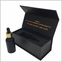 Custom black small cardboard packaging for essential oil boxes.Unlike the inserts inside the bottle package, this black cardboard boxes uses a high-density sponge as the insert, the sponge has a certain hardness and resilience.