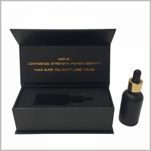Custom black small cardboard packaging for essential oils products.Custom packaging uses cardboard as the main raw material and has a high degree of rigidity.