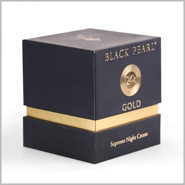 Custom black small square cardboard boxes for night cream packaging,The brand logo is printed in bronzing and emboss on a black box, which has a sense of protrusion, which makes consumers have a deep impression on the brand.
