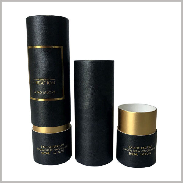 black tube packaging for 30ml perfume boxes. The bottom and neck of the paper tube are decorated with gold cardboard, which can greatly increase the luxury of packaging.