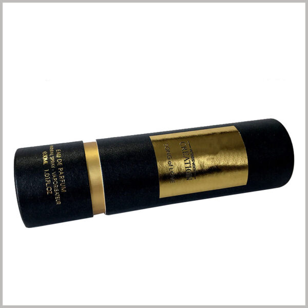 black tube packaging for perfume boxes.The body part of the black paper tube is decorated with gold foil, which improves the value of packaging and products.