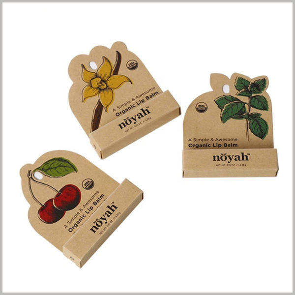 brown kraft paper eco friendly lip balm packaging boxes. Depending on the type of lipstick, such as cherry lipstick, the cherry pattern is printed directly on the front of the kraft paper package.