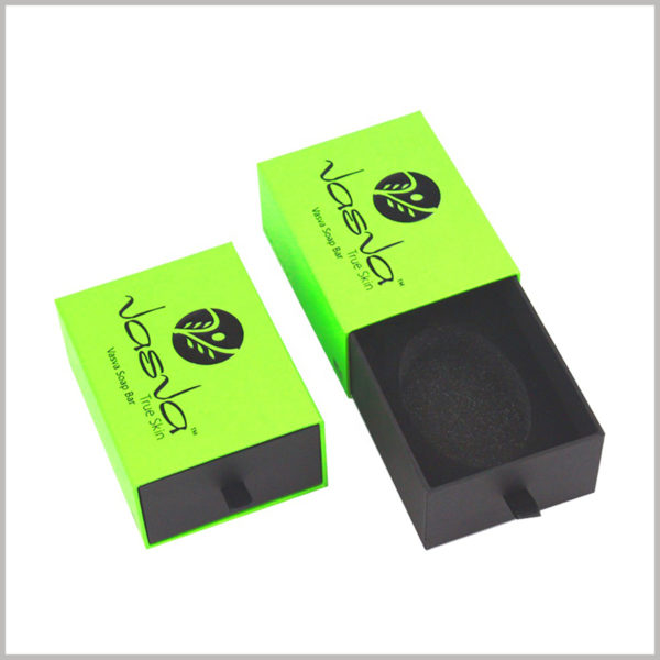 cardboard drawer boxes for per soap packaging. The grass-green packaging outer box theme is in line with the pure green soap product concept.There is black EVA inside the box to fix the soap.