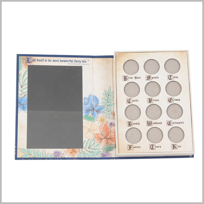 cardboard eyeshadow palette packaging boxes with mirror. A square mirror is set inside the custom packaging to make it easier for customers to use eye shadow.