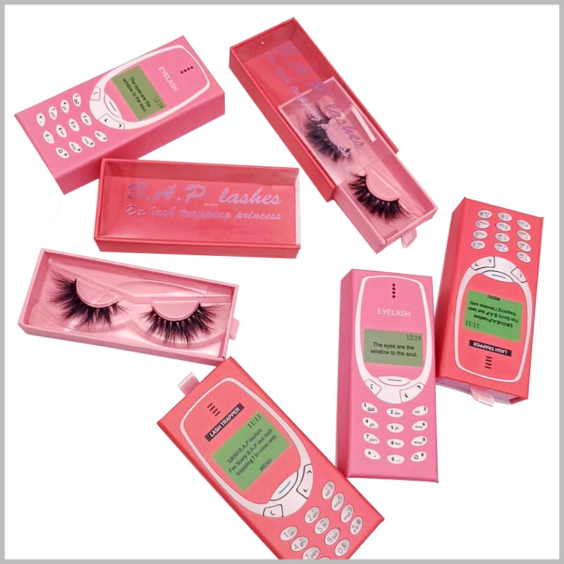 cell phone eyelash packaging box custom.The red false eyelashes packaging design has become a "mobile phone" style, which has a unique appeal, making false eyelash products more attractive.