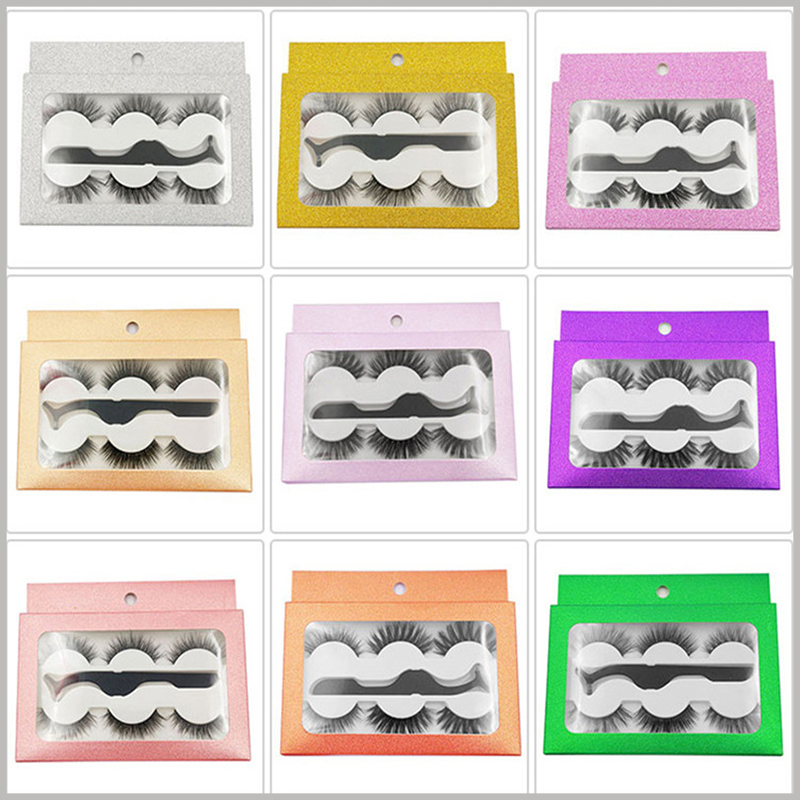 cheap Eyeslash boxes with window for 3-pair pack. Three pairs of shiny eyelashes are available in various colors, gold, purple, white, green lights, various styles of false eyelashes