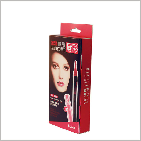 cheap Lip gloss and lip balm set box packaging. The red cosmetic packaging has a paper hook on the top, which can hang the product on the shelf for display.