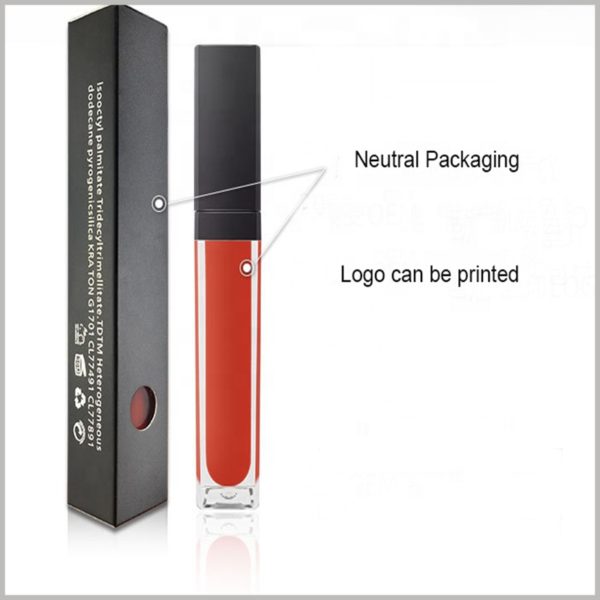 cheap black packaging for single lip gloss boxes. Design a circular gap in the lipstick package, which will become the window, and you can see the color of the lip gloss bottle and lip gloss inside the package.
