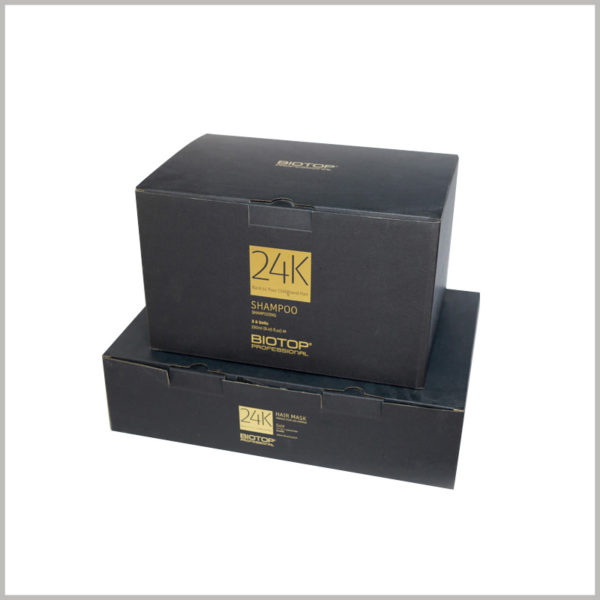 cheap black product boxes for hair mask packaging. The black hair care package has brand information and product information formed by bronzing printing.